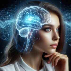 Femme de profil dont on voit le cerveau en transparence