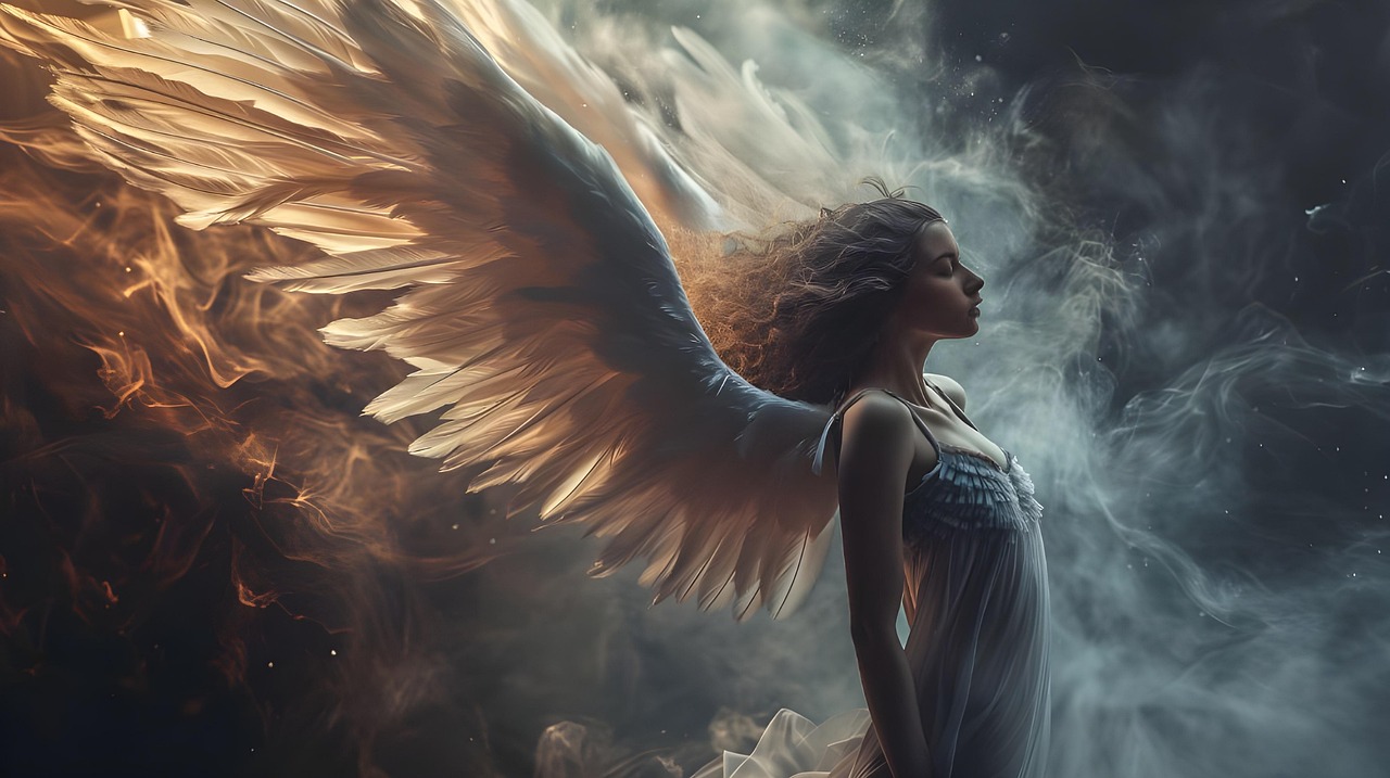 Femme qui a des anges avec un fond d'ombres et de lumière
