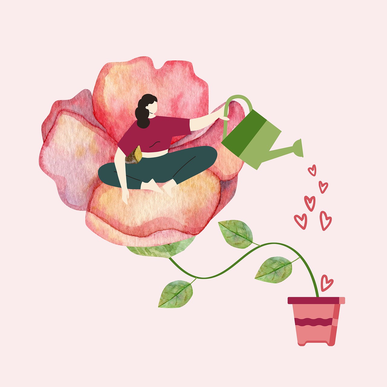 Femme dans une fleur qui arrose elle-même la racine en pot