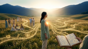 Illustration d'une personne choisissant son orientation professionnelle grâce à une meilleure connaissance de soi, symbolisée par plusieurs chemins et une lumière intérieure.