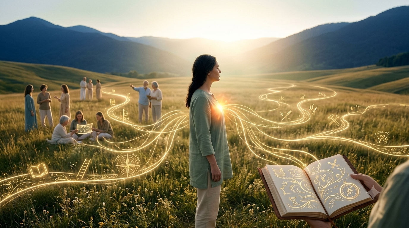 Illustration d'une personne choisissant son orientation professionnelle grâce à une meilleure connaissance de soi, symbolisée par plusieurs chemins et une lumière intérieure.