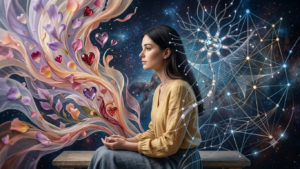 Femme assise avec devant elle le flot de ses émotions, et derrière elle le mental et les connexions neuronales