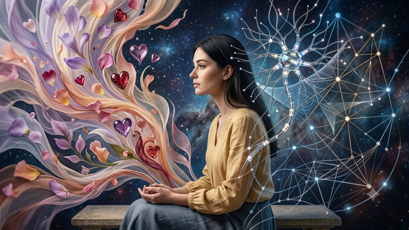 Femme assise avec devant elle le flot de ses émotions, et derrière elle le mental et les connexions neuronales