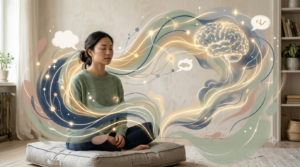 Personne calme entourée de connexions lumineuses symbolisant un cerveau très actif et une recherche d’apaisement mental.