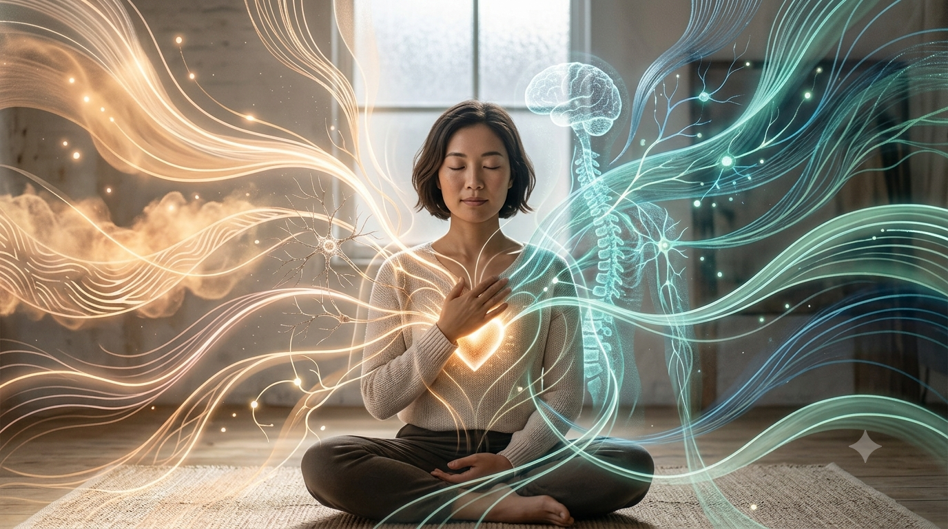 Image de femme assise en tailleur, la main sur le coeur, traversée par des flux d'émotions et d'idées